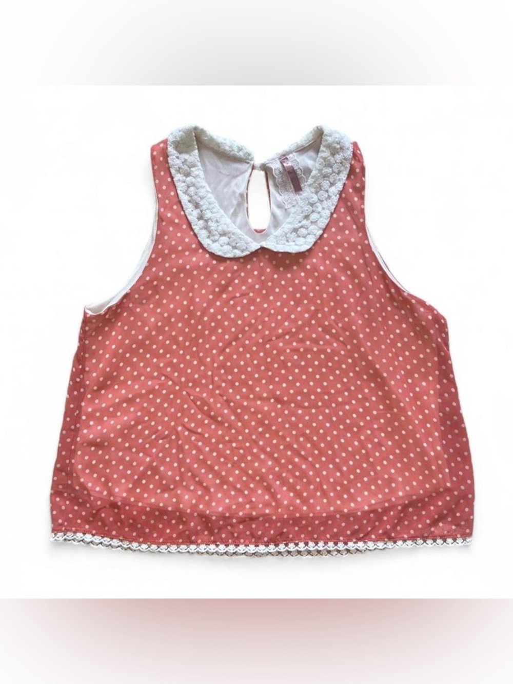 Mauve Coral Polka Dot Sleeveless Top with Crochet Peter Pan Lace Collar Size L